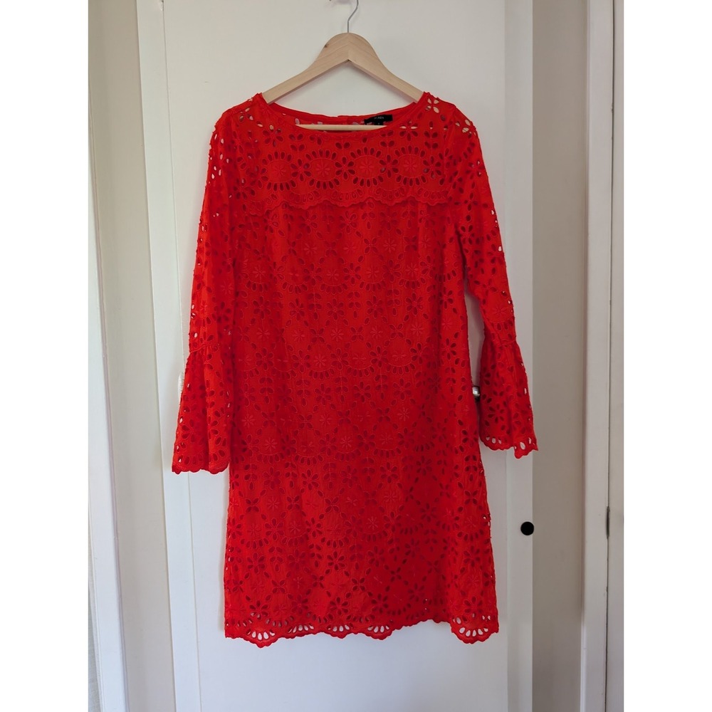 J‎ Crew Orange Red Floral Eyelet Bell Sleeve Short Dress Tomato Girl Vacation M